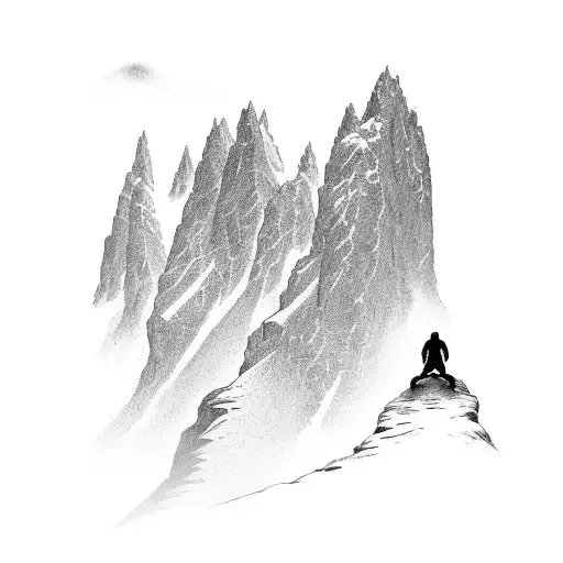 A Tattoo Of A Realistic Man Standing On Top Of A Mountain Staring At Space