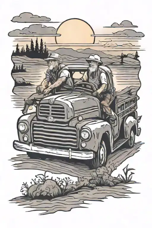 Older Man And Young Boy Driving A Pickup Truck Into The Sunset