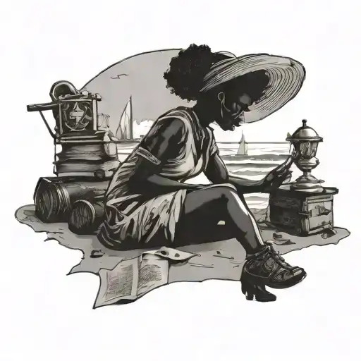 A Silhouette Of A Black Woman Studying Historical Artifacts On The Beach