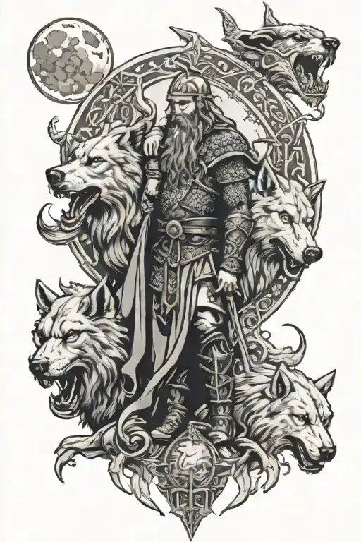 Viking King And Queen With Dire Wolves Howling At The Moon