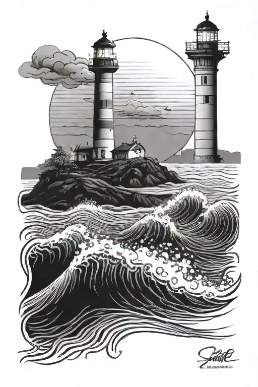 Fine Line Light House Waves Sun Rise