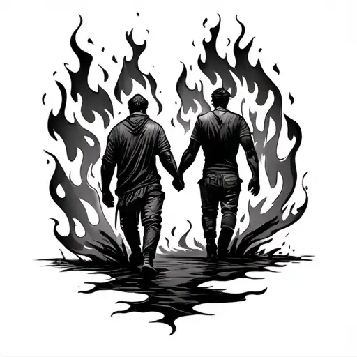 Fire Flames With A Man Walking Hand In Hand