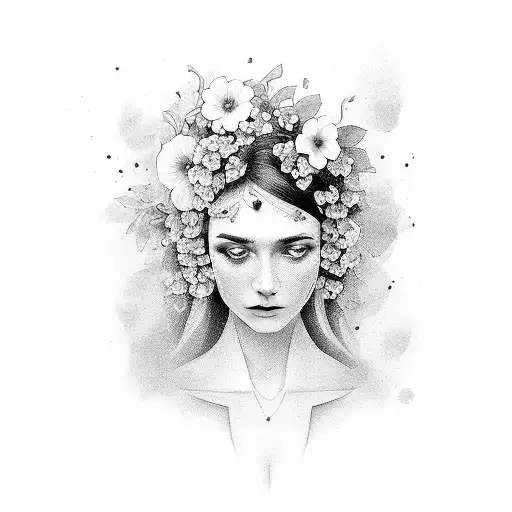 A Black And Grey Portrait Of Kornelia Klara Surrounded By Blooming Flowers