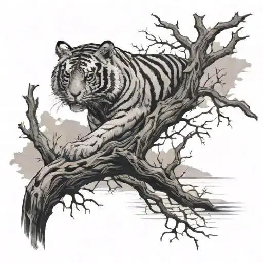 Dead Tree With Lake And Tiger