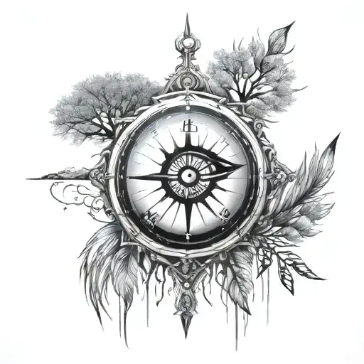 And Eye Of Horus Inside A Compass With A Weeping Willow Tree Behind It
