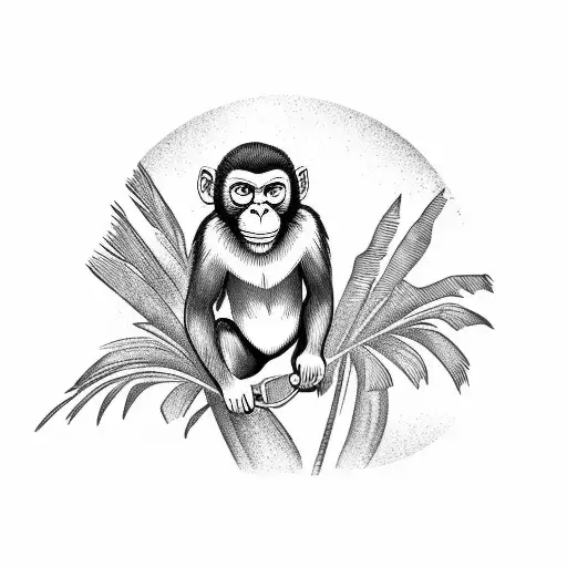 An Intricate Black-grey Tattoo Of A Monkey Swinging From A Palm Tree