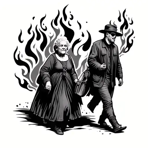 Fire Flames With A Man Walking Carying Old Lady