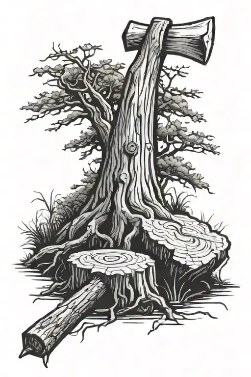 Hickory Tree Stump And Axe After An Axe Chopped It Down