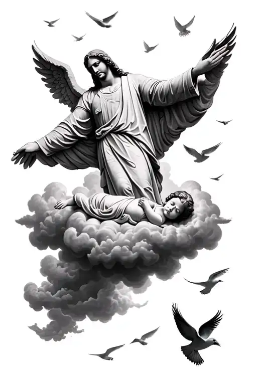 Christ The Redeemer With Doves Flying In The Clouds With A Baby Angel Sleeping On A Cloud