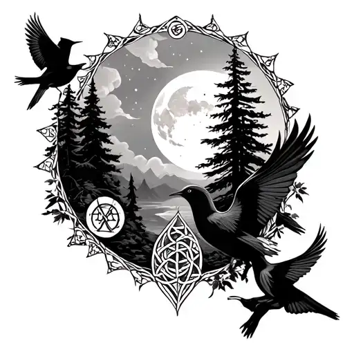 Gaelic Symbols With Birds And The Forest And Moon Surrounded