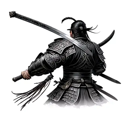 Samurai In Armour Looking Behind Holding A Sword With Tassels