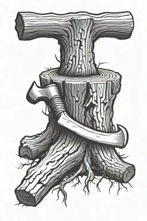 Hickory Tree Stump With Axe And Chisel In It