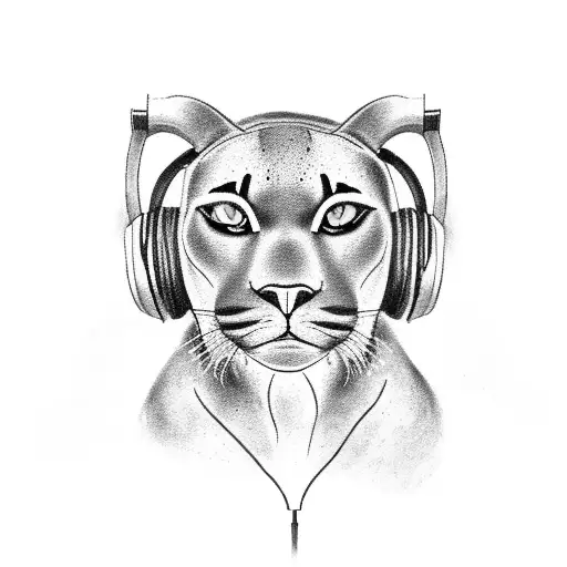 A Black-grey Tattoo Of A Panther Listening To Music With Headphones
