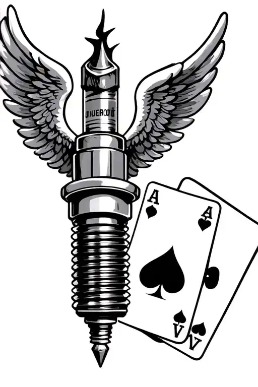 Spark Plug With Angel Wings And Two Playing Cards