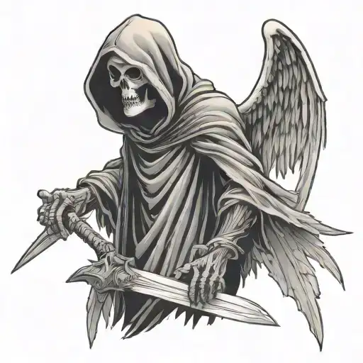 Grim Reaper Pointing & Holding A Sicle With Angel Wings Spread