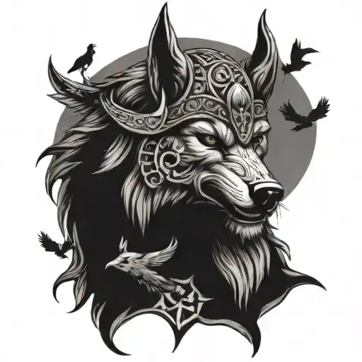Viking Wolf With Crows And Viking Witch