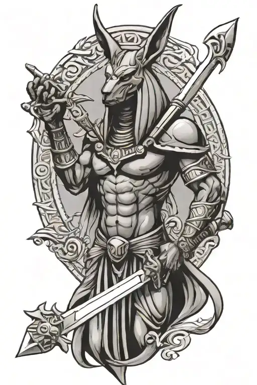 Anubis Holding Sword Skull Surrounded