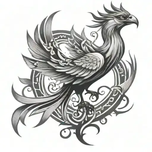 Tribal Phoenix With Symbol For Rebirth And Symbol For Prosperity