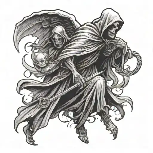Grim Reaper Dragging Man Holding A Baby Angel