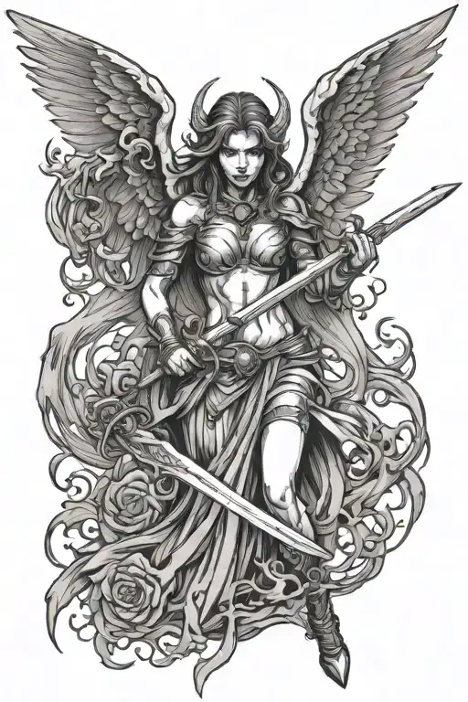 Demonic Andel Woman With Wings That Holds A Sword In The Hell Flames