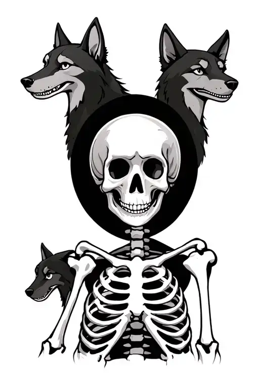 A Semirealistic Human Skeleton Surrounded By Black Cartoonish Wolves