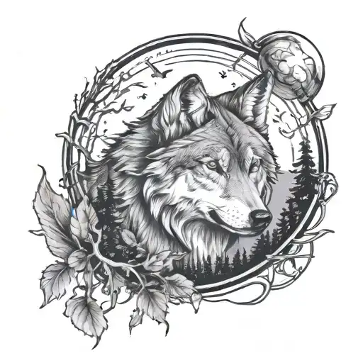 Wolf And Forest Moon Surrounded
