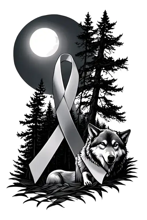 Cancer Ribbon Symbolizing Transformation Into Moonlight Over The Woods With A Moon And Wolfs