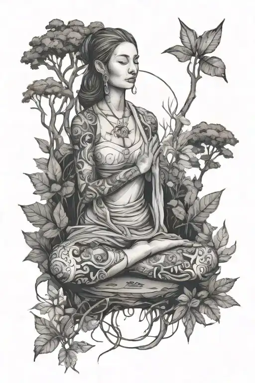 Woman Meditating In The Forest Filled