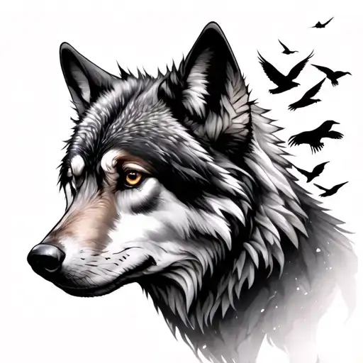 Wolf Side Profile That Fades Into A Flock Of Ravens