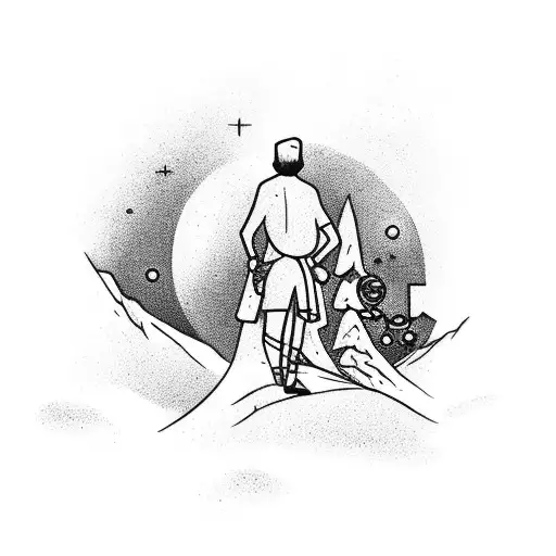 A Tattoo Of A Man Standing On Top Of A Mountain Staring At The Stars And Planets