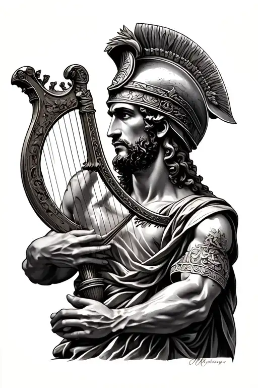 Realism Style On The Outer Forearm Of Greek God Apollo Wearing A Warrior Helmet Playing The Lyre