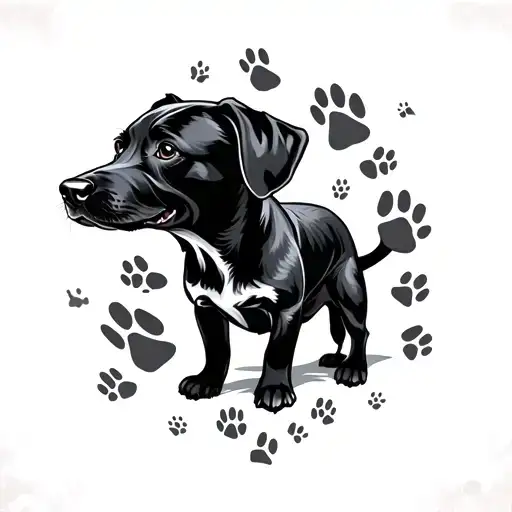 A Black-grey Tattoo Of A Dog Silhouette Surrounded By Various Animal Footprints