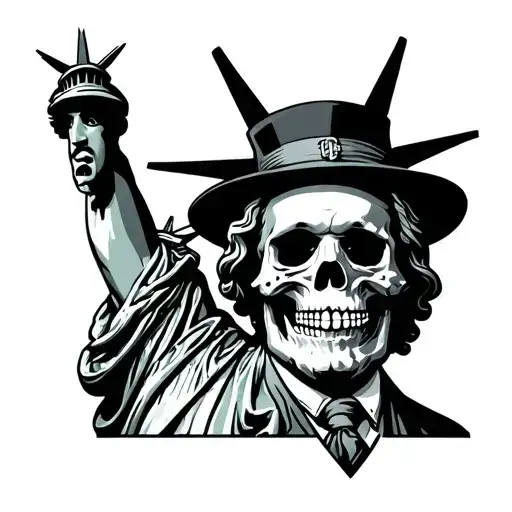 Monopoly Man Woth Statue Of Liberty And Benjamin Franklin Skull