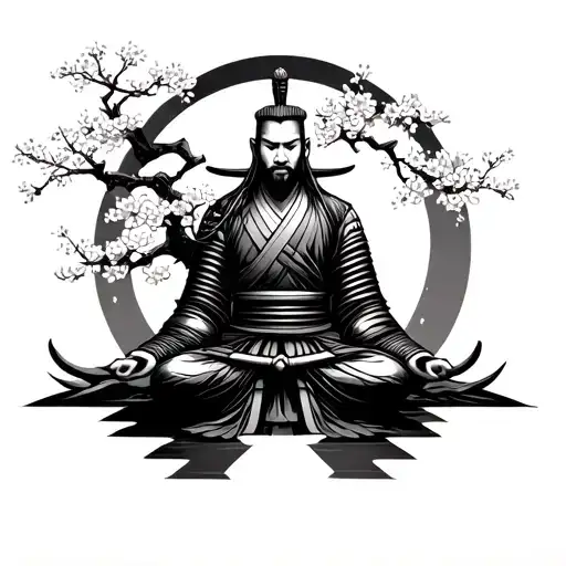 Cherry Blossom Tree And Samurai Warrior Meditating