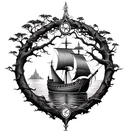 Tree Of Life With Compas And Viking Ship