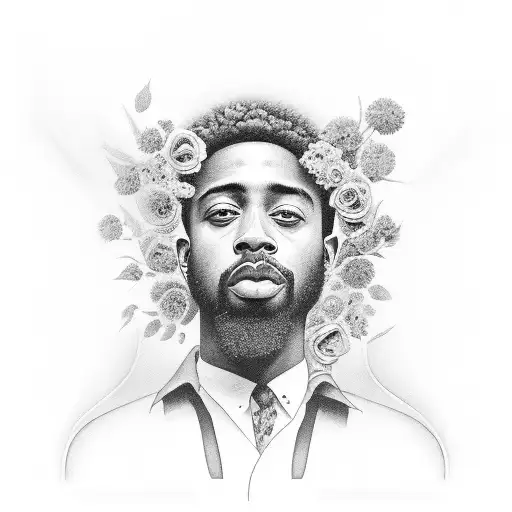 A Portrait Of Brent Faiyaz Surrounded By Abstract Paintings And A Floral Border