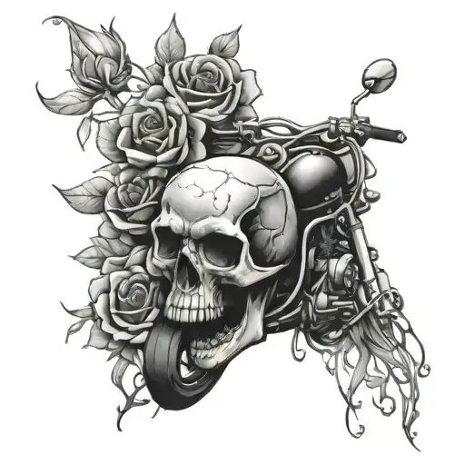 Skull And Motorbike And Roses Intertwined