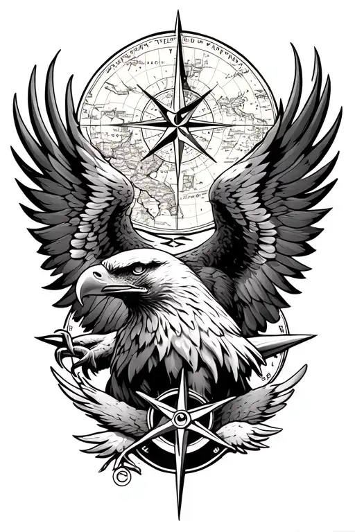 Eagle With Nautical Map Behind It And Compass Rose Below It