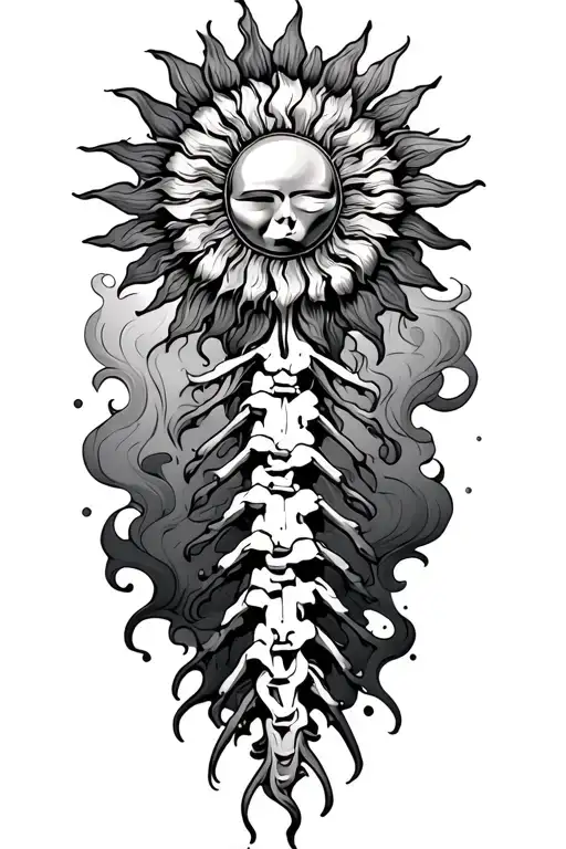Sun Themed Spine Tattoo With Smoke Forming