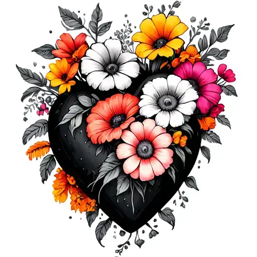 Colorful Flowers Growing Out Of A Black Heart