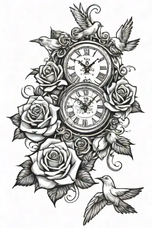 Rose And Doves And Clock