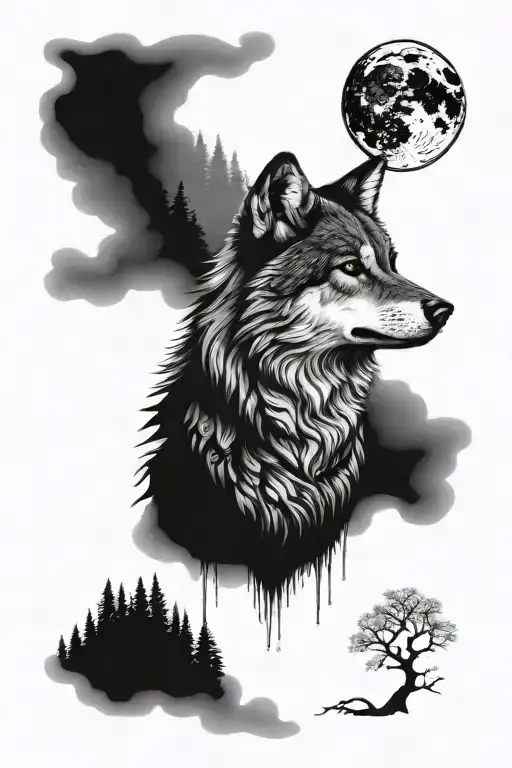 Wolf And Forest Moon Merging Together