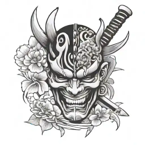 Oni Mask Split In Half With Flowers Inside And A Katana