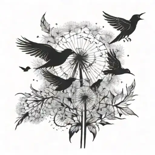 Dandelion With Seeds Blowing In The Air With Two Black Birds Flying From Them