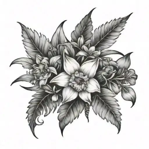 Daffodil And Daisy And Violet Flower With Sliver Fern