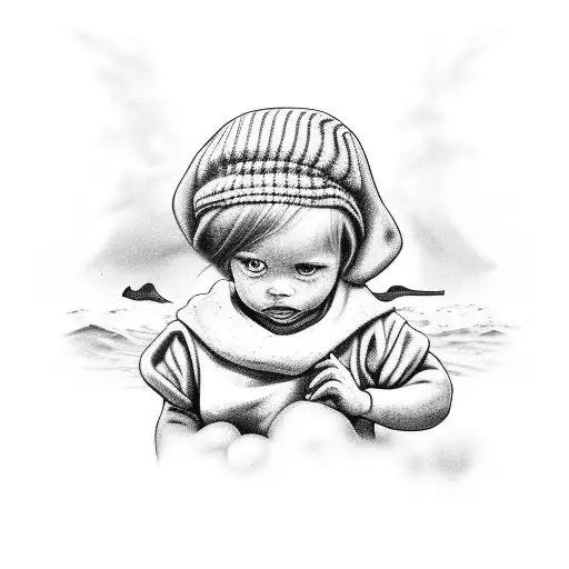 A Black And Grey Portrait Of Your Child Playing By The Seashore