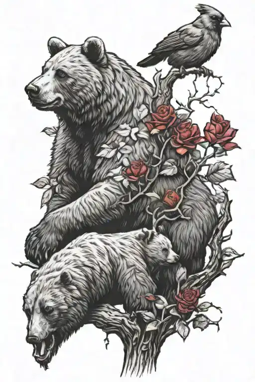 Realistic Tree With Bears And Cardinal Holding A Rose