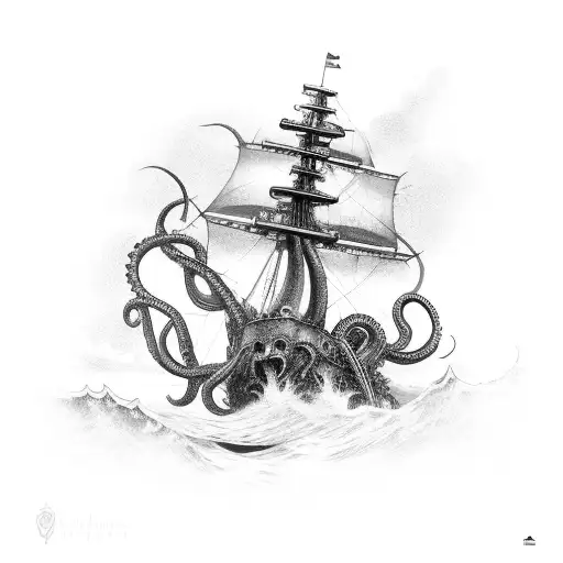 Kraken Tentacles Wrapped Around A Ship In A Storm