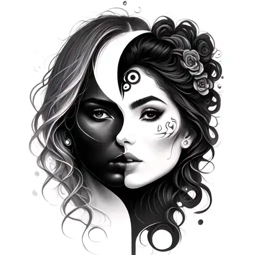 2 Womans Faces Music Hair As Ying And Yang