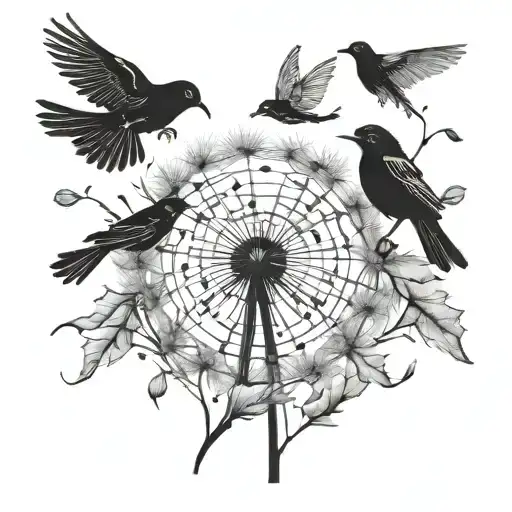 Dandelion With Seeds Blwing And Two Black Birds Flying From Them